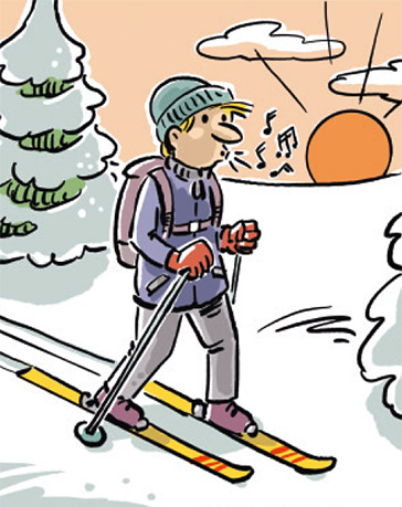 Comiczeichnung eines Schneehuhns, das hinter einer Tanne hervor schaut