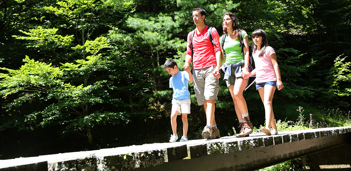 Das Bild zeigt eine Familie, die über eine Brücke geht